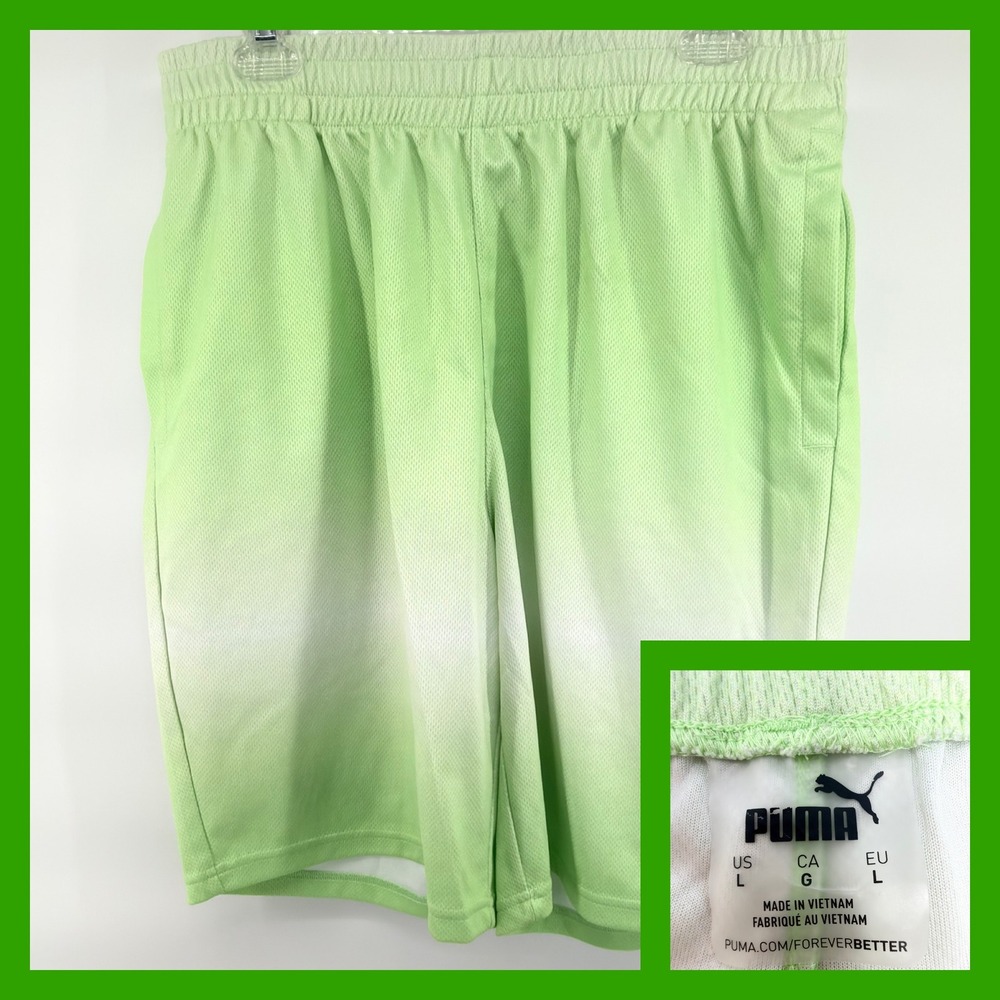 PUMA Mens Large Mesh Basketball Shorts Lime Green White Ombre Athletic Gym